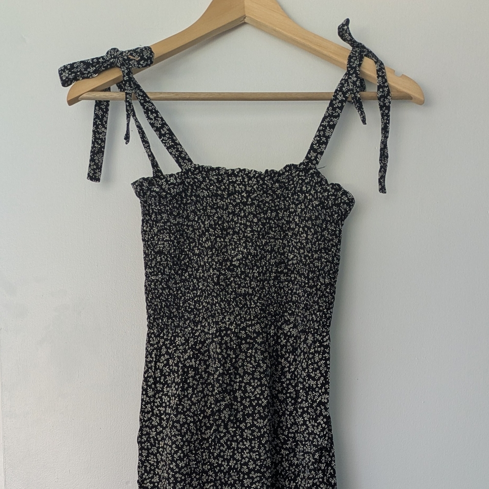 Whimsy + Row Black Floral Tie-Shoulder Midi Dress